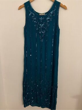 Sleeveless Teal Beaded Shift Dress